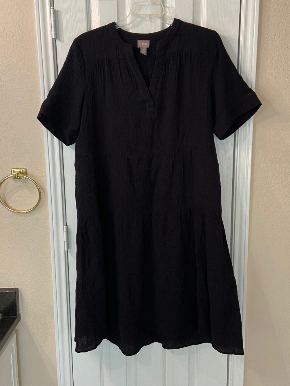 CHICO’S Black Midi Gauzy Cotton Dress Short Sleeves W/Pockets Size 3